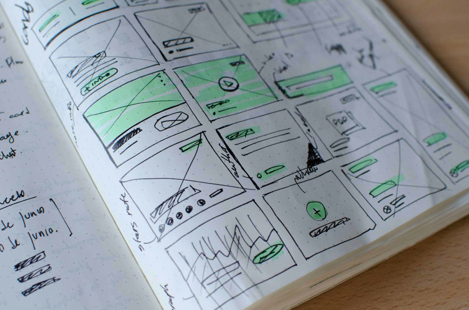 sketch of wireframe designs on notebook