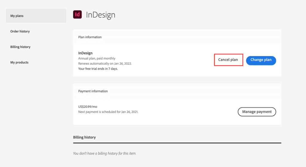 indesign free trial cancel